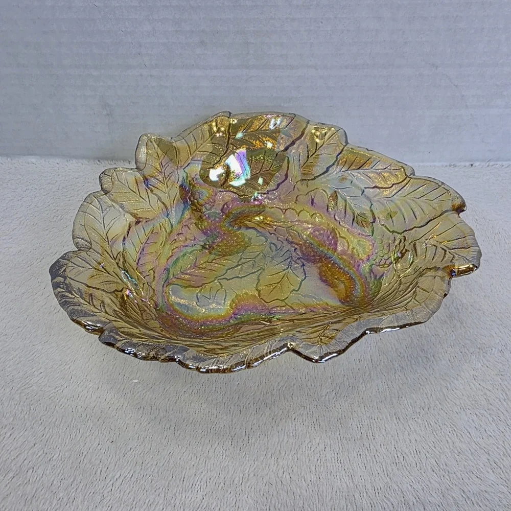 Vintage Indiana Carnival‎ Glass Loganberry Leaf Amber Marigold Candy Dish Gift
